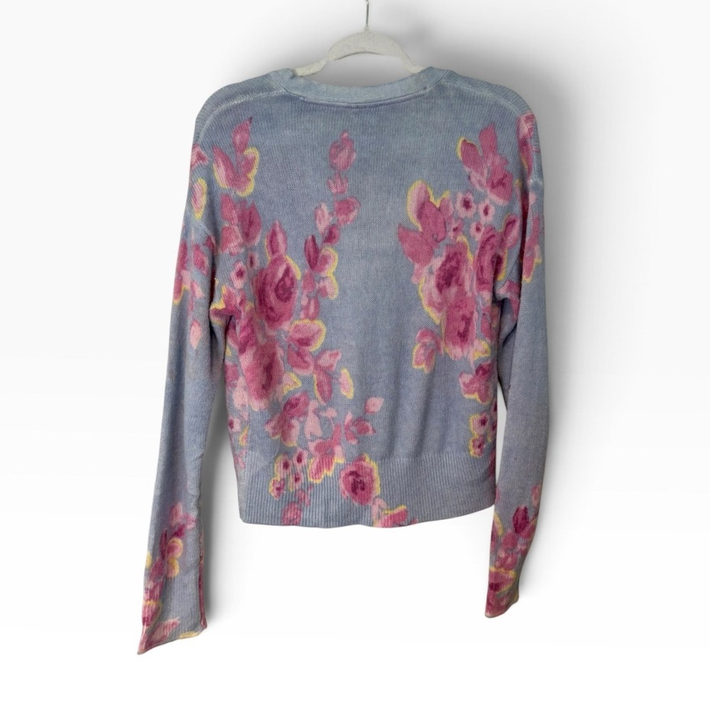Sundance Floral Watercolor Cardigan Sweater Blue Pink Wool Blend V-Neck Small - Picture 5 of 5